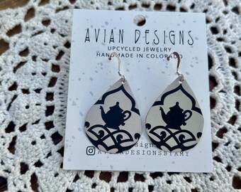 Teapot Earrings | Upcycled Tin Jewelry | Black White Teardrop Dangles