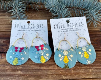 Upcycled Tin Floral Earrings | Blue & Gold Statement Dangles | Handmade Sustainable Jewelry