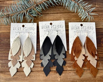 Leather Feather Earrings - Eco-Friendly Layered Boho Dangles - Recycled Jacket Jewelry