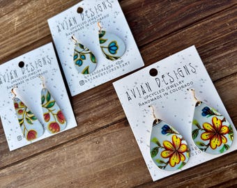 Botanical Statement Dangles, Vintage Floral Upcycled Tin Earrings, Eco-Friendly Gift