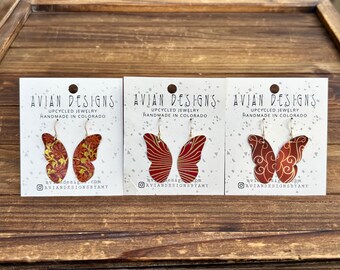 Upcycled Tin Butterfly Wing Earrings | Lightweight Nature Dangles, Copper Floral Patterns