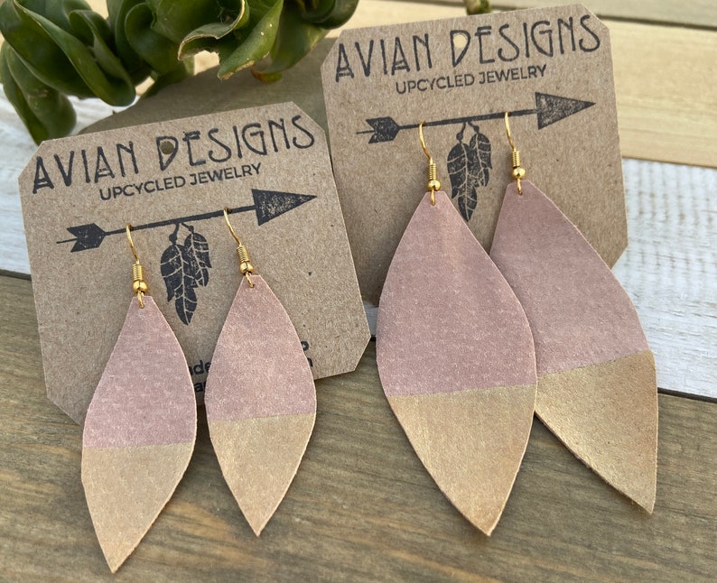 Pink Gold Dipped, Leather Drop Lightweight Earrings, Suede feather earrings image 8
