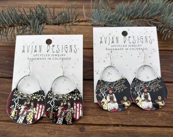 Upcycled Asian Art Tin Earrings | Black & Silver Statement Dangles | Vintage Reclaimed Metal Jewelry