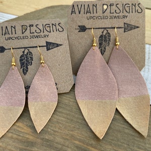 Pink Gold Dipped, Leather Drop Lightweight Earrings, Suede feather earrings image 9