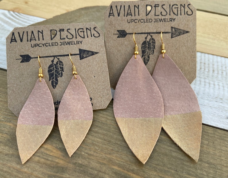 Pink Gold Dipped, Leather Drop Lightweight Earrings, Suede feather earrings image 9