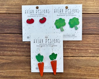 Upcycled Metal Vegetable Earrings | Tomato, Carrot, Broccoli | Handmade Garden Jewelry