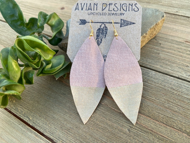 Pink Gold Dipped, Leather Drop Lightweight Earrings, Suede feather earrings image 4