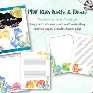 Conjunto de páginas para escribir y dibujar para estudiantes, páginas para cuadernos de aventuras en el hogar y la escuela de dinosaurios