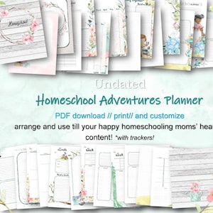 Printable Undated Homeschool Adventures Planner, blank monthly pages, weekly pages, and student planning pages PDF download