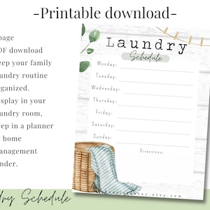 PRINTABLE Laundry Schedule, family weekly laundry plan for home management