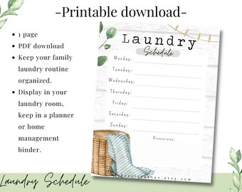 PRINTABLE Laundry Schedule, family weekly laundry plan for home management