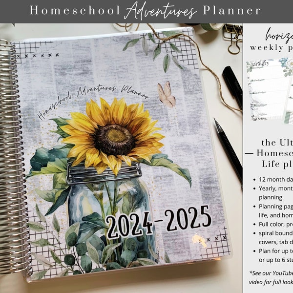 2024-2025 Homeschool Adventures Planner, horizontal planner, Sunflower cover