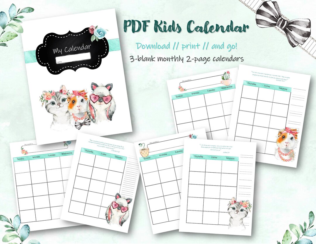 Kids Monthly Calendar, Girls Blank Calendar Pages - Etsy
