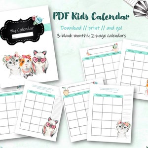 Kids monthly calendar, girls blank calendar pages