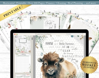 Planificador horizontal imprimible de 25 a 26 páginas para la educación en el hogar y la vida, con portada de ternero de vaca de las Tierras Altas, planificador completo y listo para imprimir.