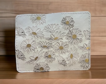White And Gold Daisy Large Bifold Leather Wallet
