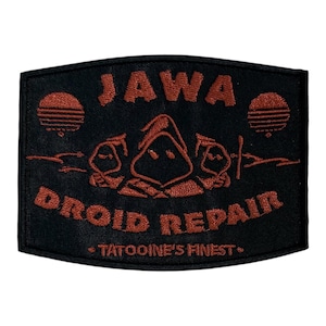 May include: Black rectangular patch with orange text and graphics. The text reads "JAWA DROID REPAIR" and "TATOOINE'S FINEST." The patch features Jawa figures and sun graphics, reminiscent of a science fiction theme.