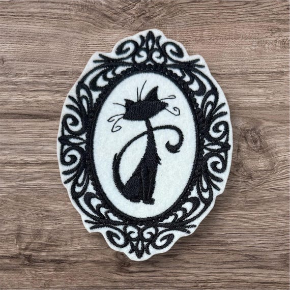 Gothic Kitty Cameo Portrait Iron on Patch 4x3.75"