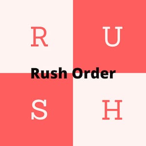 May include: A red, white, and black logo with the letters "RUSH" in a square grid pattern. The text "Rush Order" is centered below the letters.