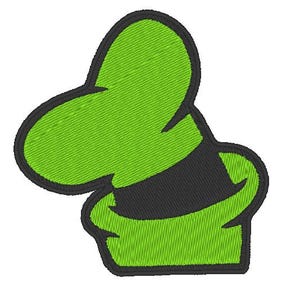 May include: Embroidered chef's hat design in bright green with a black band and outline. The hat is stylized with a rounded top and a curved brim, ideal for culinary-themed projects.