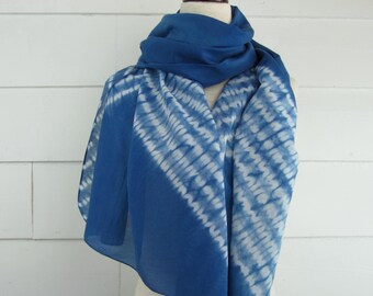 Hand-dyed with indigo, silk/cotton blend scarf, ori-nui shibori, chevron design,  25" x 75 inches