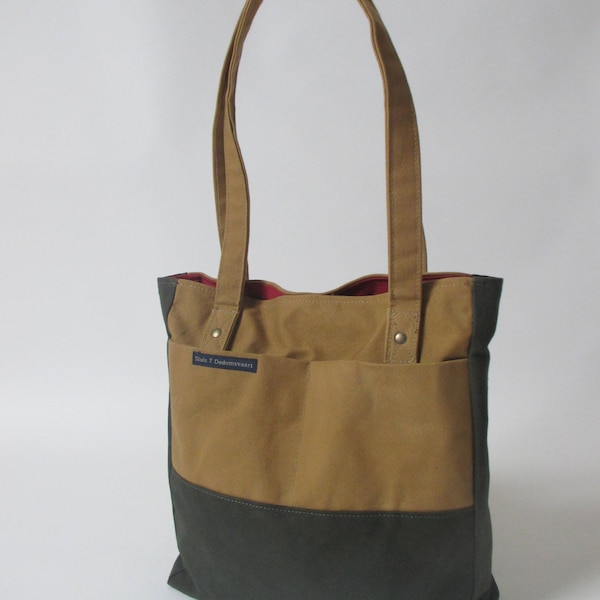 Shoulder bag /totebag/ handmade waterproof waxed canvas/ ocher yellow army green/waxed canvas shoulder strap/firm red cotton lining