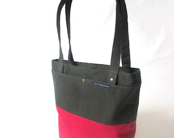 Handmade Waterproof Waxed Canvas Tote Bag, Army Green & Red