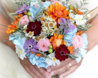 Bridal Bouquet, Dried Flowers, Colorful, Wildflower, Boho, Pink, Orange, Lavender, Dusty Blue, Wedding Bouquet, Spring, Summer, Simple