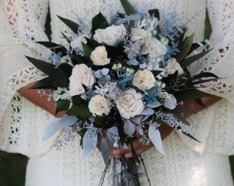 Dusty Blue, Ivory and Gray Wedding Bouquet | Blue Wedding Bouquet | Wedding Bouquet | Slate Blue Wedding Bouquet | Real Preserved Flowers