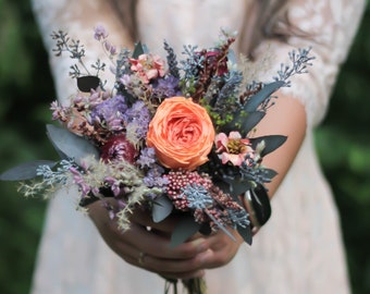 Fall Wedding Bouquet, Orange, Dusty Purple, Burnt Orange Bouquet, Dried Bouquet, Preserved Flowers, Wedding Bouquet Fall, Small Bouquet