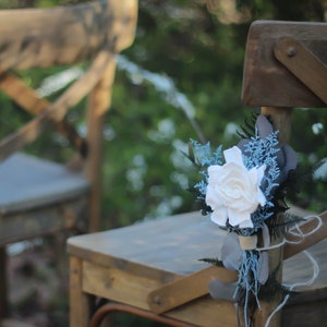 Aisle Flower Decor | Pew Decor | Preserved Gardenia | Dusty Blue and White | Real Flowers | Ceremony Flowers | Aisle Flowers | Wedding
