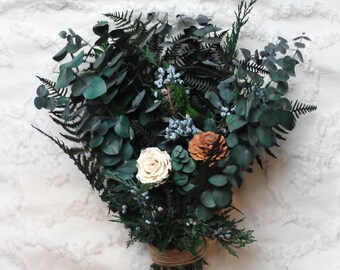 Winter Wedding Bouquet, Woodland, Dusty Blue, Ivory, Pinecone, Preserved, Dried Flower Bouquet, Wedding Bouquet, Eucalyptus, Preserved Rose