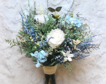 Light Blue Wedding Bouquet, Sage Green Wedding Bouquet, Dusty Blue, Gray, White, Preserved Flower Wedding Bouquet, Dried Flower Bouquet