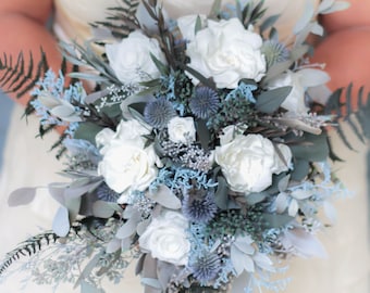 Dusty Blue, Steel Blue, Slate Blue Wedding Bouquet | Dried Flowers | Preserved Bouquet | White and Blue Bouquet | Brittany Collection