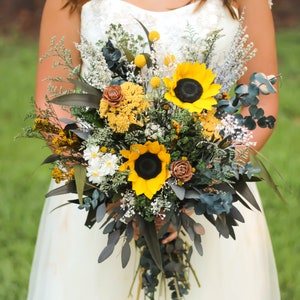 Sunflower Wedding Bouquet, Fall Wedding Bouquet, Yellow, Woodland, Autumn, Rustic, Wildflower, Wedding Bouquet, Pinecone, Preserved, Dried image 1