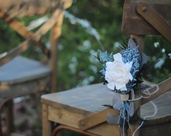 Aisle Flower Decor | Pew Decor | Preserved Gardenia | Dusty Blue and White | Real Flowers | Ceremony Flowers | Aisle Flowers | Wedding