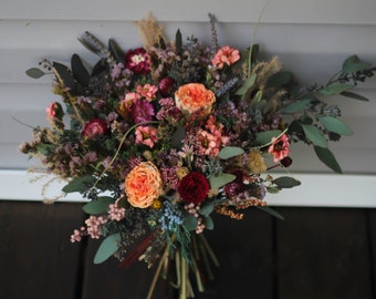 Fall Dried Wedding Flower Bouquet, Autumn Wedding Bouquet, Burgundy, Burnt Orange, Dusty Purple, Lavender, Wedding Bouquet, Preserved Flower