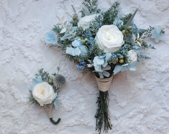 Steel Blue Wedding Bouquet | Dusty Blue | White | Hydrangea | Bridal Bouquet | Small Bouquet | Posy Bouquet | Preserved Roses | Navy Blue