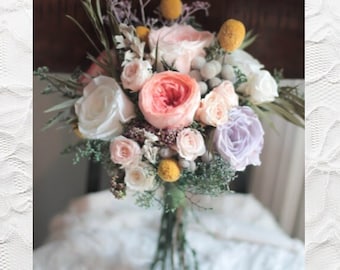 Pastel Bridal Bouquet | Peach and Sage Wedding Bouquet | Coral | Sage | Peach | Yellow | Lavender | Preserved Roses | Dried Flowers Wedding