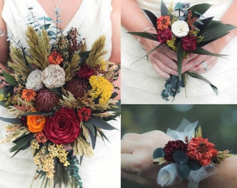 Fall Wedding Flowers | Dried Flowers | Bouquet | Burgundy | Mustard Yellow | Brunt Orange | Dried Flower Bouquet | Wedding Flower Set |