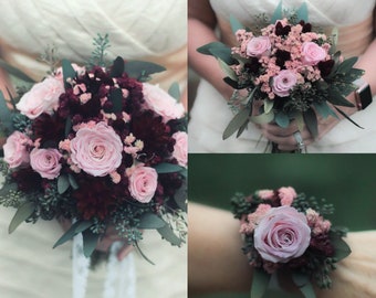 Blush Pink Bridal Bouquet | Burgundy Blush Bouquet | Dried Flower Bouquet | Boutonnière | The Salina Belle Collection with Blush Roses