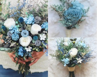 Blue Wedding Bouquet, Dusty Blue, Navy Blue, Navy Thistle, Wedding Bouquet, Jasmine, Gray, Preserved Wedding Bouquet, Dried Flowers, Wedding