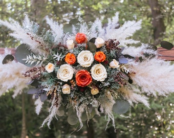 Rust orange cream and pampas wedding arch arrangement, terracotta, burnt orange, peach, wedding arch flowers, wedding flower backdrop, fall