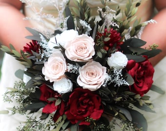 Christmas Wedding Bridal Bouquet, Winter, Burgundy, Red, Pink, Gardenias, Dried Bouquet, Preserved Flower, Wedding Flowers, Cascading