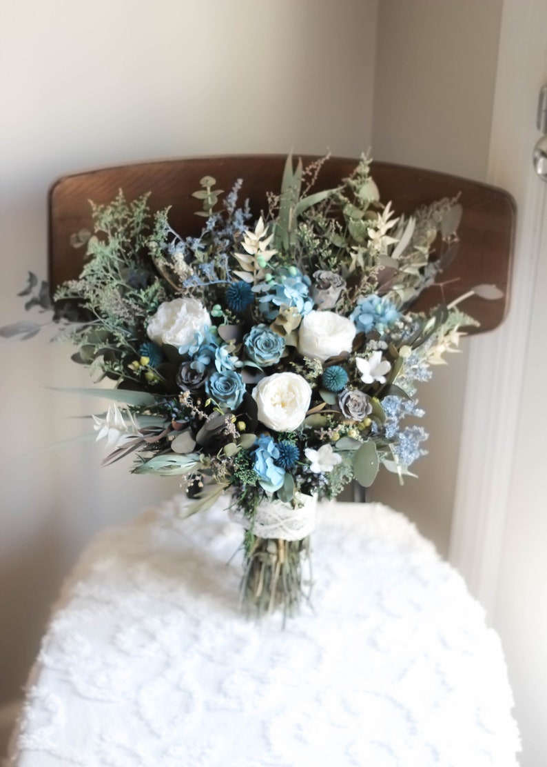 Wedding Bouquet Dusty Blue Sage Green Navy Blue Dried - Etsy