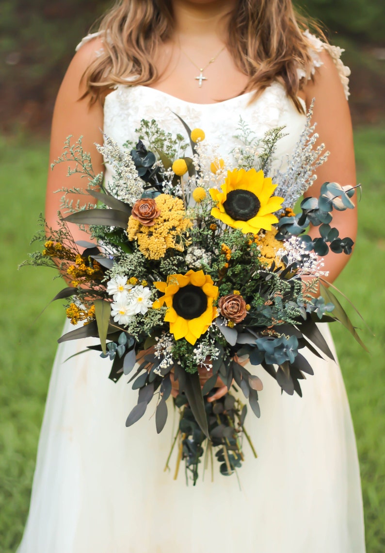 Sunflower Wedding Bouquet, Fall Wedding Bouquet, Yellow, Woodland, Autumn, Rustic, Wildflower, Wedding Bouquet, Pinecone, Preserved, Dried image 1