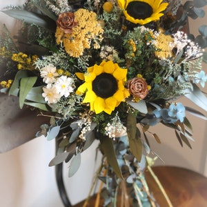 Sunflower Wedding Bouquet, Fall Wedding Bouquet, Yellow, Woodland, Autumn, Rustic, Wildflower, Wedding Bouquet, Pinecone, Preserved, Dried image 2