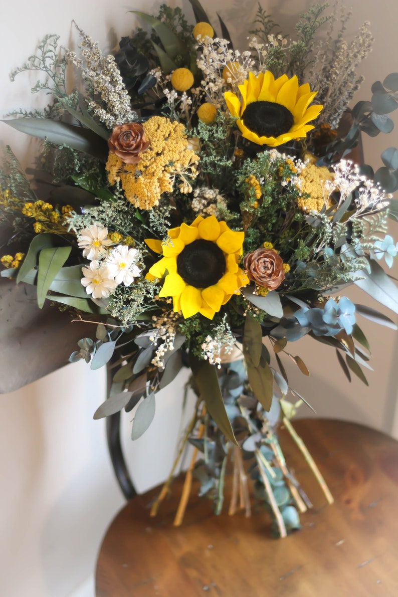 Sunflower Wedding Bouquet, Fall Wedding Bouquet, Yellow, Woodland, Autumn, Rustic, Wildflower, Wedding Bouquet, Pinecone, Preserved, Dried image 2