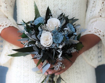 Blue Wedding Bouquet, Ivory Wedding Bouquet, Winter Wedding Bouquet, Dried Bouquet, Wedding Flowers, Winter Wonderland Wedding, Bouquet