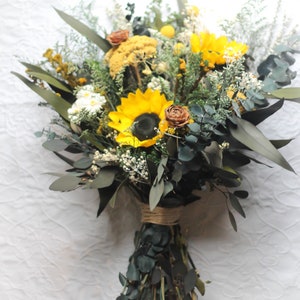 Sunflower Wedding Bouquet, Fall Wedding Bouquet, Yellow, Woodland, Autumn, Rustic, Wildflower, Wedding Bouquet, Pinecone, Preserved, Dried image 8